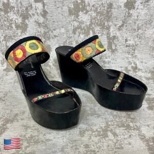 Robert Clergerie Vintage Embroidered Wooden Heel Wedge in Black/Multi